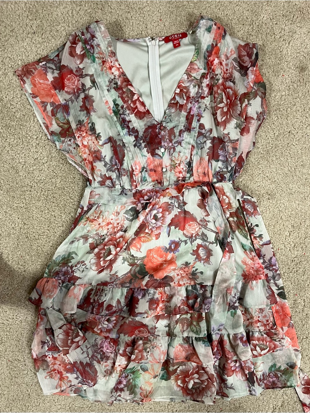 Guess Coral and Green Floral Ruffle V-Neck Mini Dress